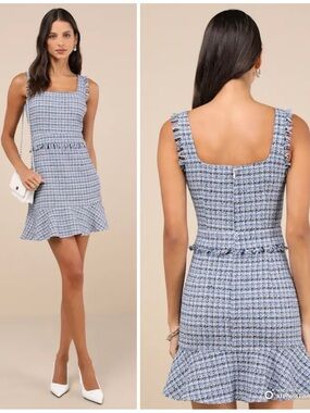 Lulus Large Adorably Luxurious Blue Tweed Raw Edge Sleeveless Mini Dress NWT